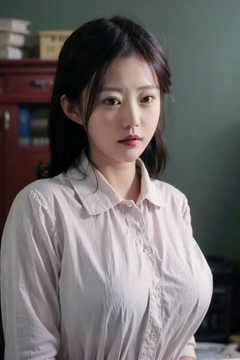  simple_background,best quality, masterpiece, ultra high res,1girl,huge breast,looking at viewer,best quality, masterpiece, ultra high res,1girl, big breast, looking at viewer,(curly hair:1.2),collared shirt,