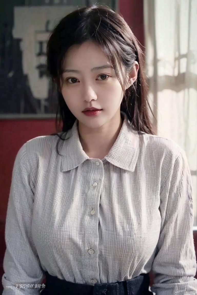  simple_background,best quality, masterpiece, ultra high res,1girl,huge breast,looking at viewer,best quality, masterpiece, ultra high res,1girl, big breast, looking at viewer,(curly hair:1.2),collared shirt,