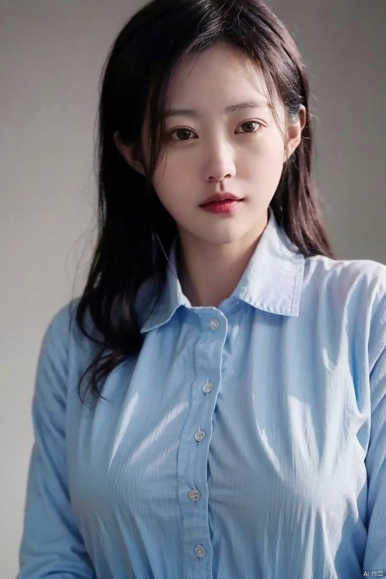  simple_background,best quality, masterpiece, ultra high res,1girl,huge breast,looking at viewer,best quality, masterpiece, ultra high res,1girl, big breast, looking at viewer,(curly hair:1.2),collared shirt,