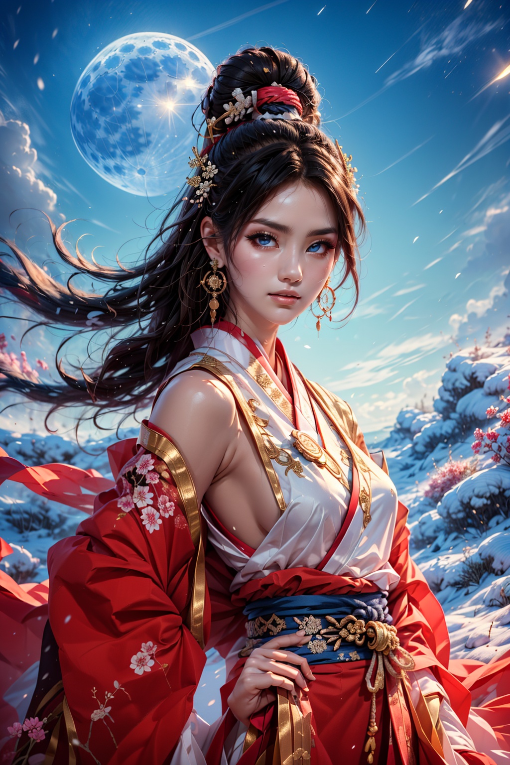 The background is midnight sky,  big blue moon,  dark night on Tensor.Art