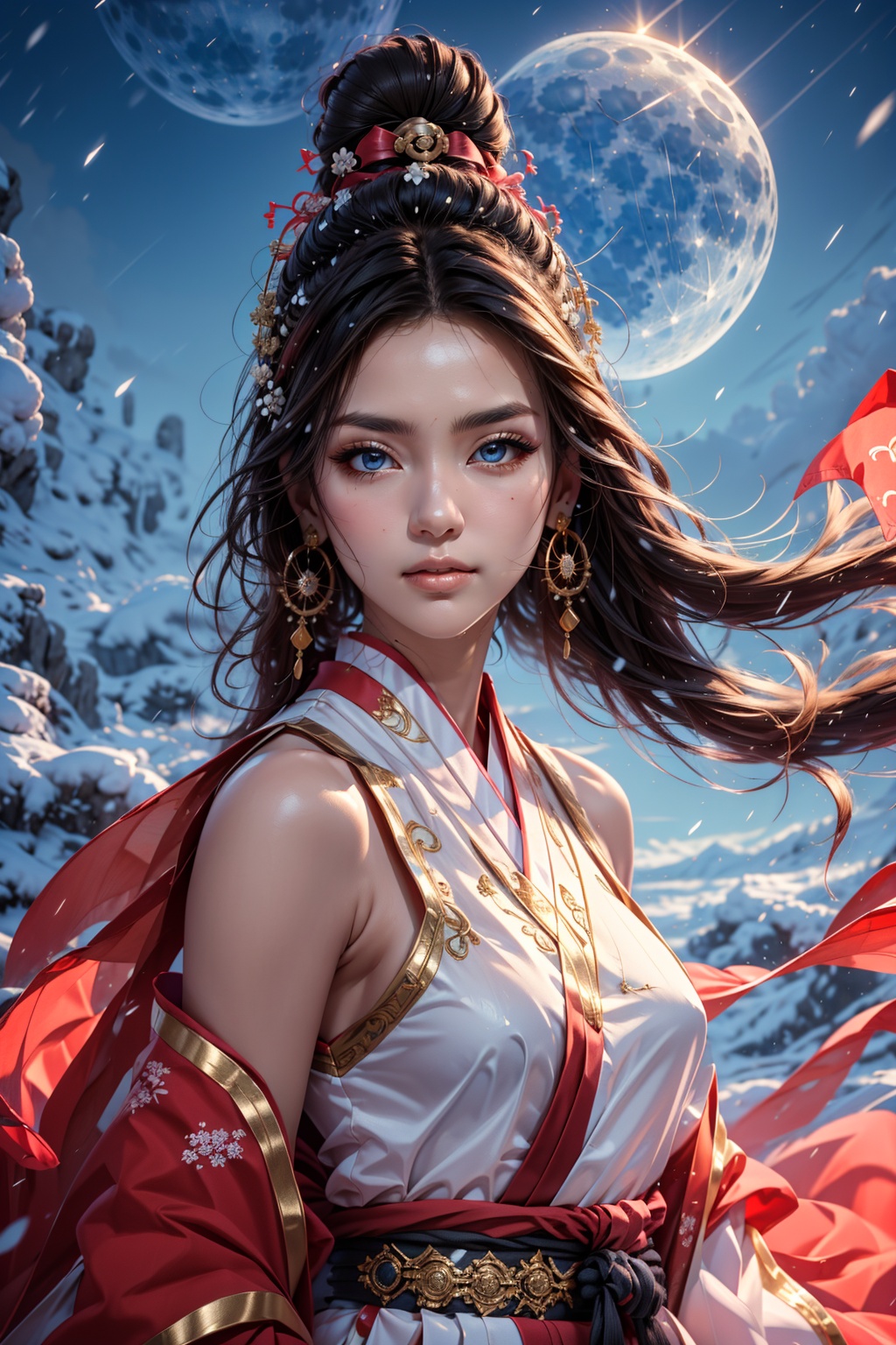 The background is midnight sky,  big blue moon,  dark night on Tensor.Art