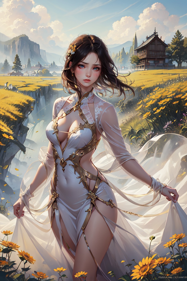 Beautiful woman in the yellow field,  white casual dress costume,  brown hair floating on Tensor.Art
