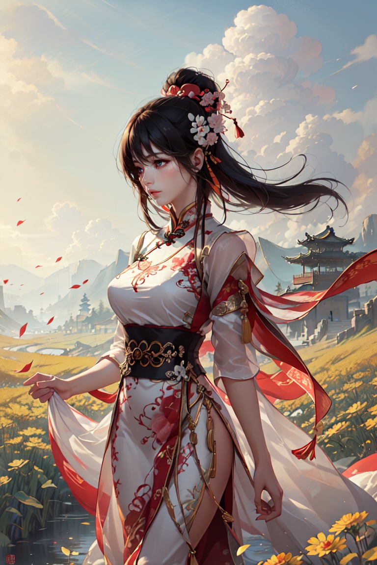 Beautiful woman in the yellow field,  white casual dress costume,  brown hair floating on Tensor.Art