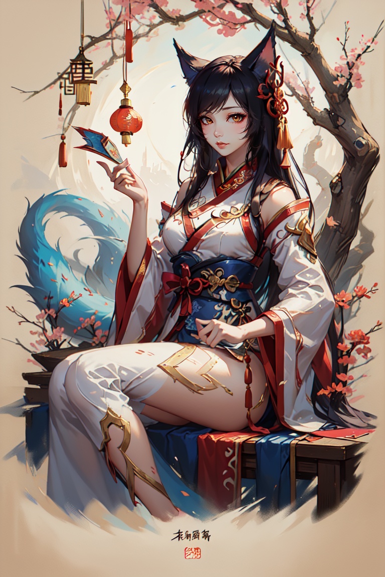 (Ahri \(league of legends\)),  (painted on old paper),  chinese royal cosutme on Tensor.Art