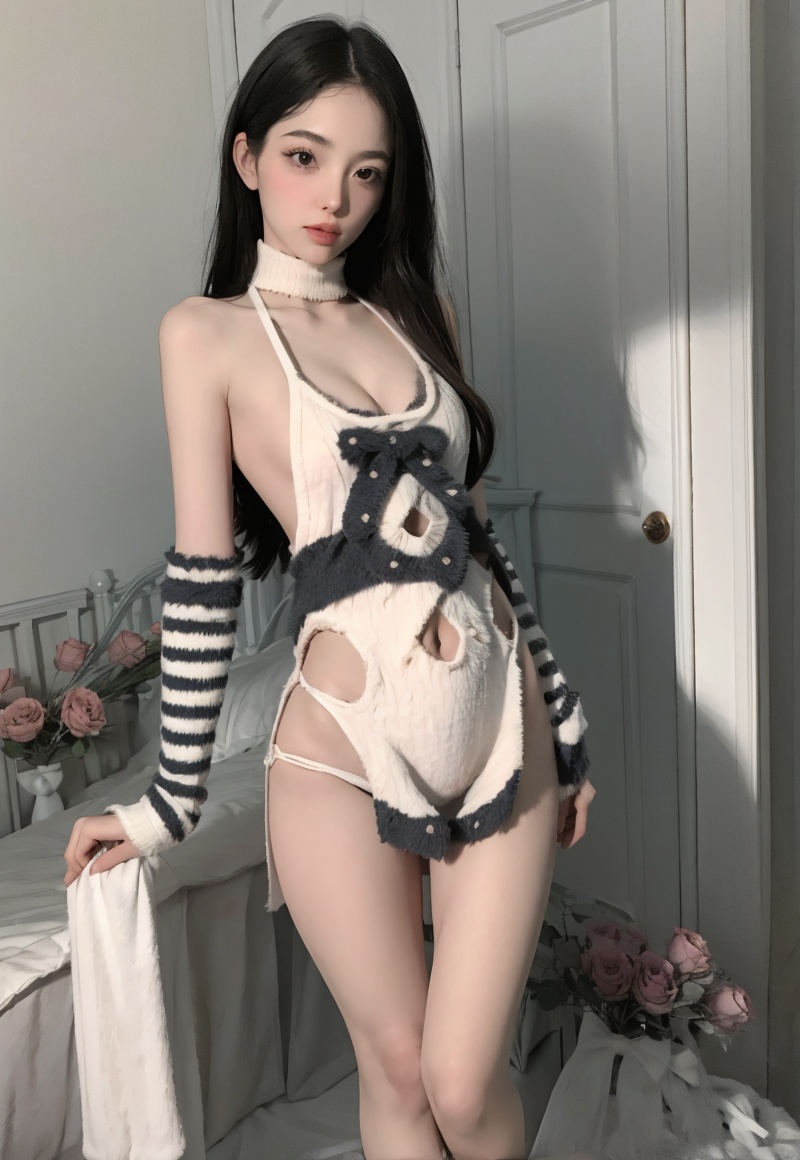 (masterpiece, best quality:1.4),finely detailed,1girl,solo,pale skin,perfect body,standing,animal print,clothing cutout,outdoors,day,<lora:killer性感显胸猫耳毛衣3v1.0-000008:0.8>,(flat chest),
