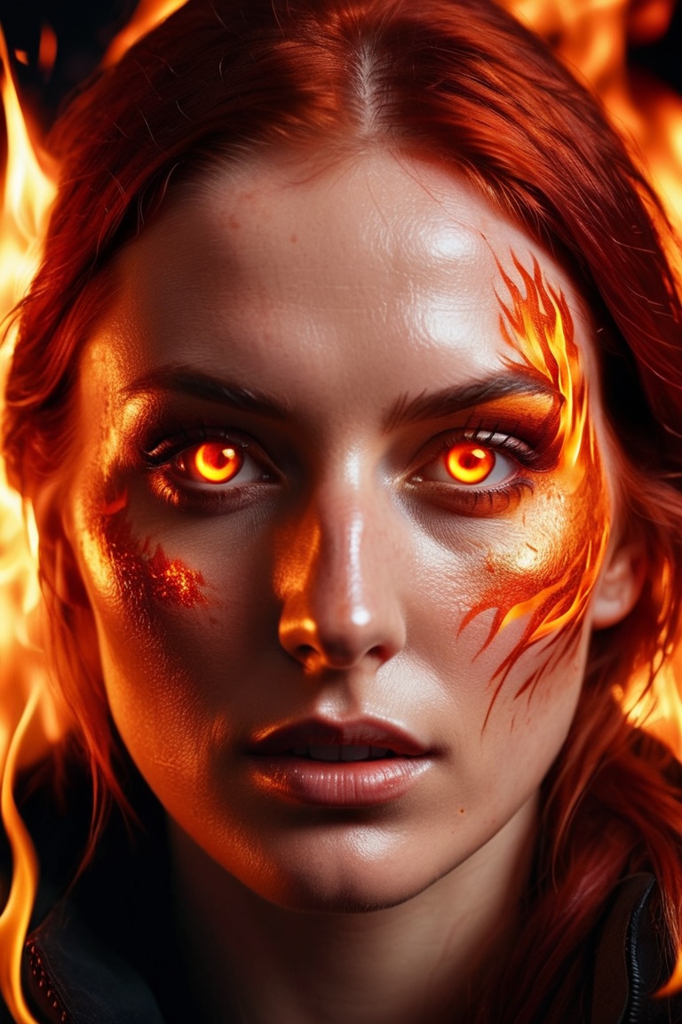 RAW photo of an . Woman,  24 years old,  a macro-close-up of a woman's face with fire on her face on Tensor.Art