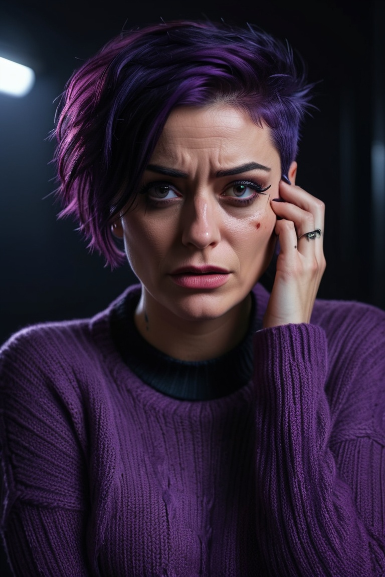 A highly detailed portrait of a stunningly Raven in tight and form-fitting sweater and jeans,  purple eyes,  short purple...