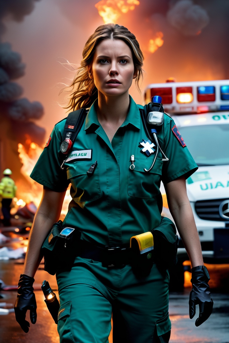 In a captivating portrayal of heroism,  imagine an ultra-realistic depiction of a female paramedic amid the chaos of an em...