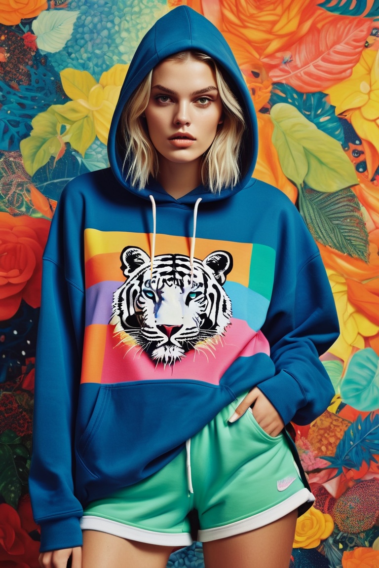 "Breathtakingly beautiful woman wearing oversize brend hoodie,  shorts and sneackers",  zentangl background on Tensor.Art