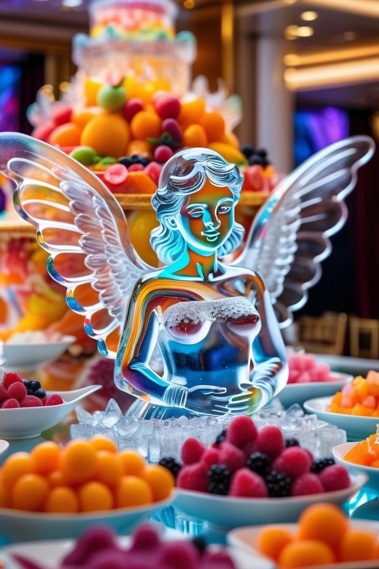 intricate angel ice sculpture on elaborate food buffet table,  surrounded by vivid colorful food,  colorful reflections on...