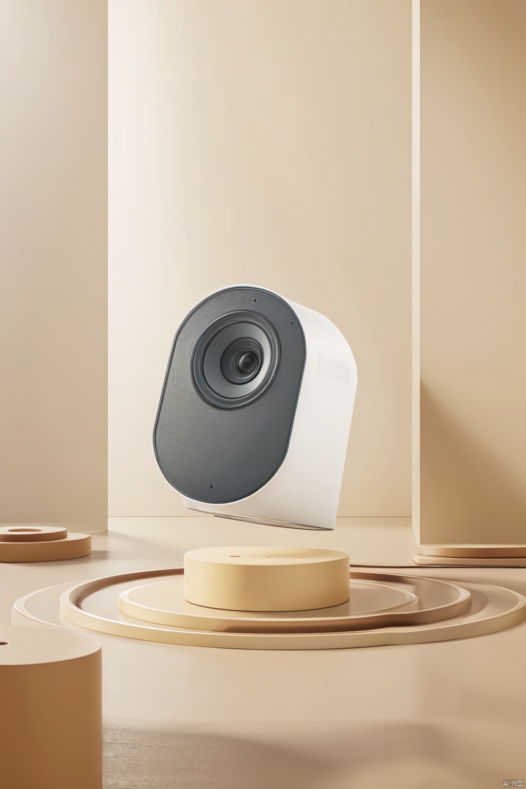 an Uniquely designed speaker sitting on a forest stream in projection mapping style, Japaneseism, minimalist ceramics, ultra high definition image, whimsical animation, light white and green colors, reefwave