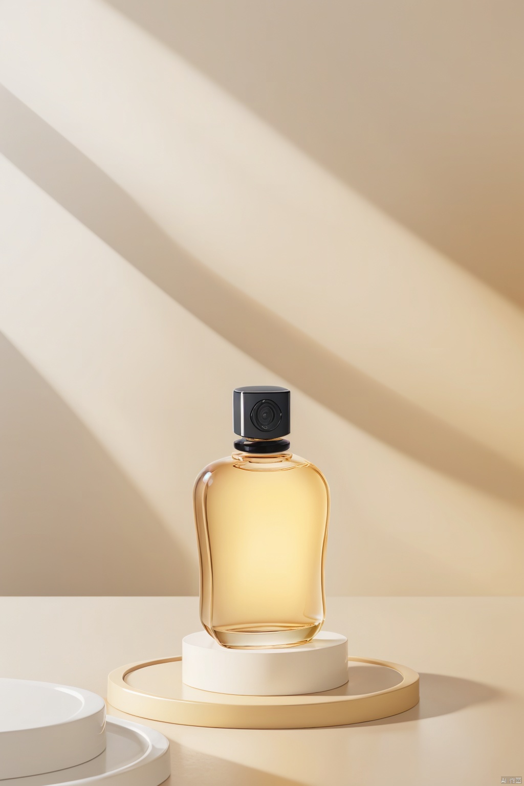 product photography, A perfume is placed on the white table, highlighting the product, The overall light colour palette, full of intricate details, the realistic, Product perspective, Minimalism, in a soft and dreamy atmosphere, sunlit, neo-Georgian minimalism, beige and amber, tabletop photography, layered gestures, minimalist Japanese style