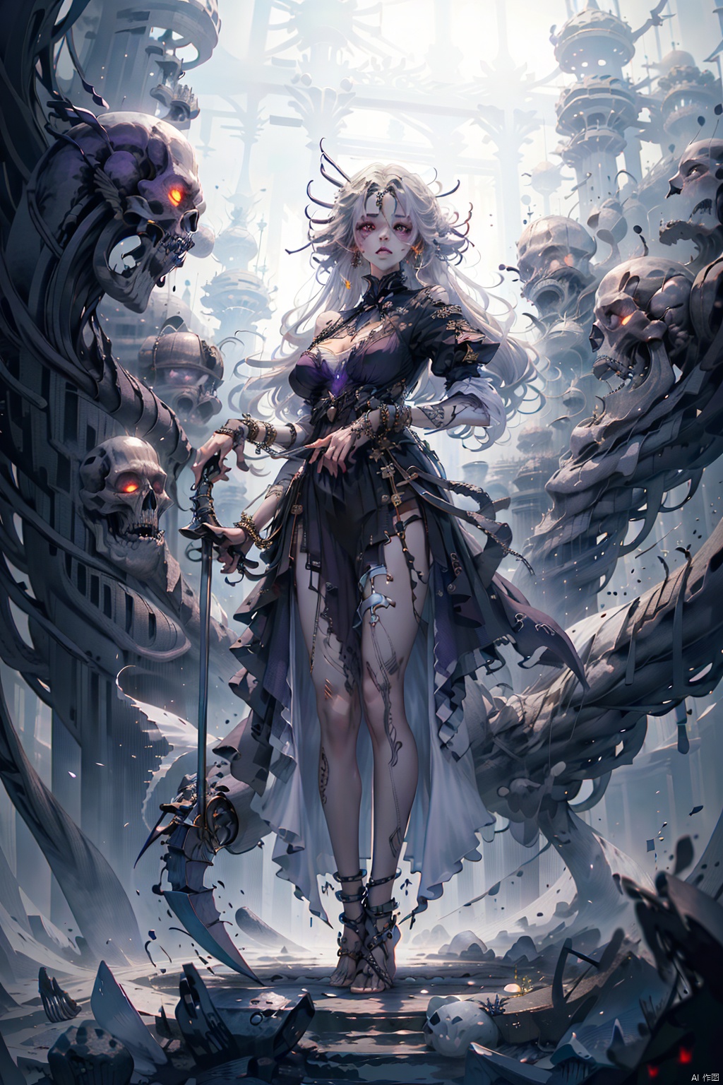  Masterpiece, High Quality,1girl, solo, long hair, breasts, dress, holding, jewelry, standing, purple eyes, full body, white hair, barefoot, fingernails, skull, scythe, toeless legwear