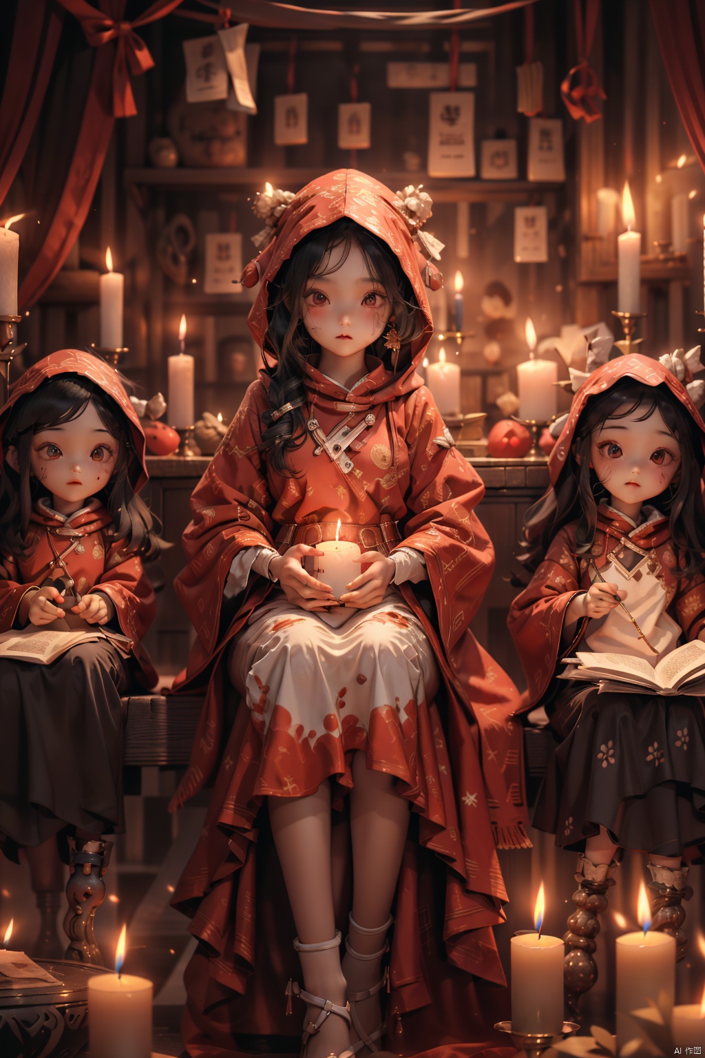  Masterpiece, High Quality,1girl, multiple girls, black hair, dress, holding, 2girls, sitting, food, indoors, hood, wide sleeves, book, fire, curtains, box, gift, doll, candle, candlestand, candlelight