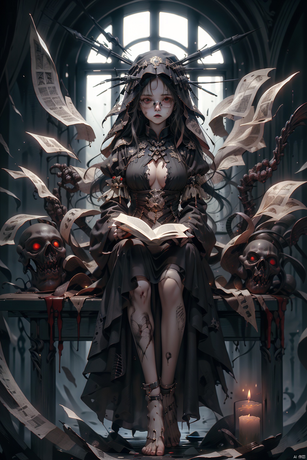  Masterpiece, High Quality,1girl, solo, long hair, breasts, black hair, dress, holding, sitting, weapon, glasses, barefoot, sword, black dress, fingernails, book, blood, feathers, black nails, veil, nun, quill, black lips, horror (theme)