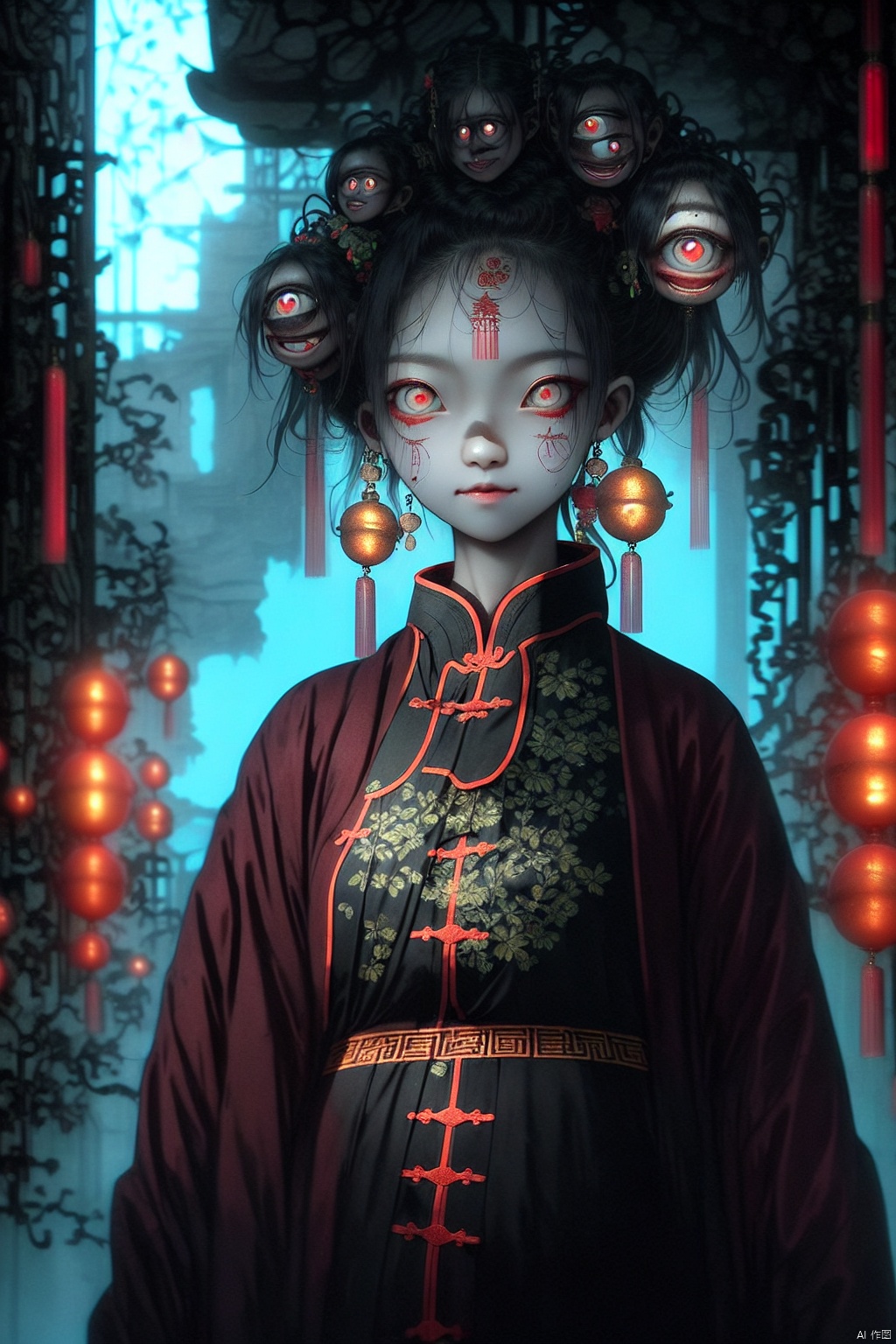  Masterpiece, High Quality,1girl, looking at viewer, black hair, hair ornament, red eyes, long sleeves, jewelry, closed mouth, standing, earrings, solo focus, hair bun, double bun, colored skin, chinese clothes, glowing eyes, colored sclera