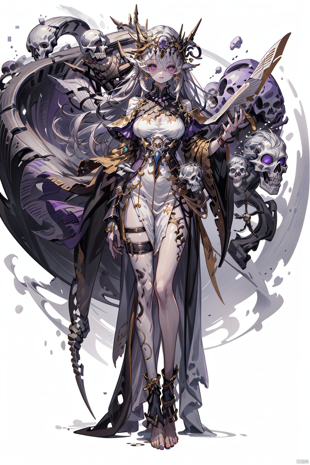  Masterpiece, High Quality,1girl, solo, long hair, breasts, dress, holding, jewelry, standing, purple eyes, full body, white hair, barefoot, fingernails, skull, scythe, toeless legwear