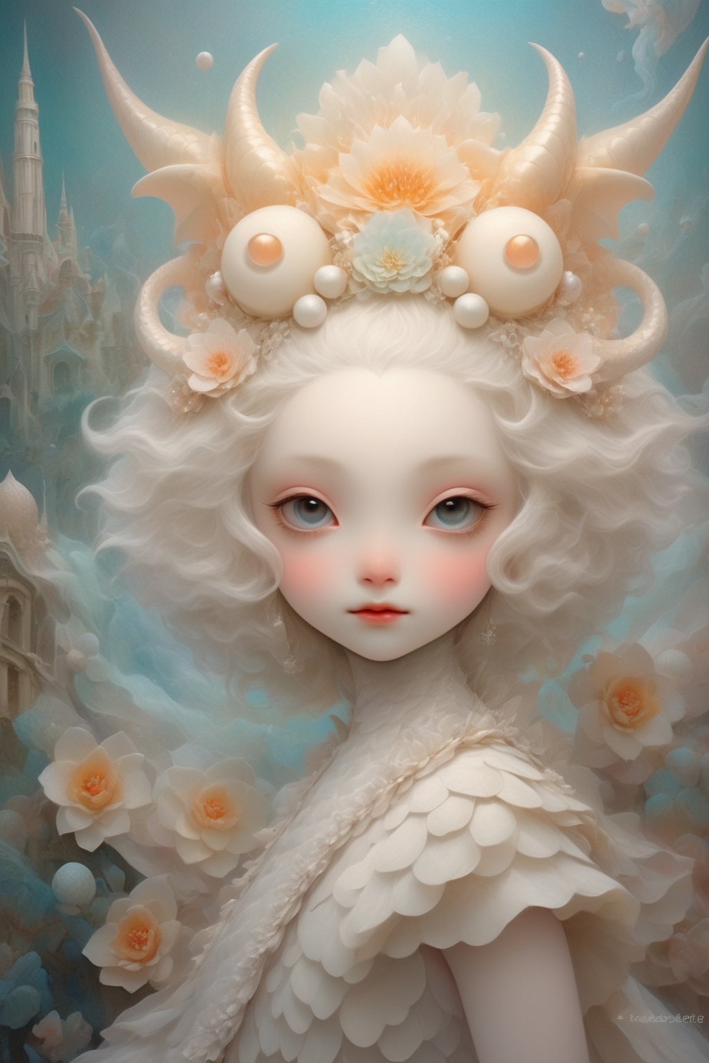 A beautiful and whimsical elusive pop noir surrealism,  art of cute dragon bride,  holding a bouquet on Tensor.Art