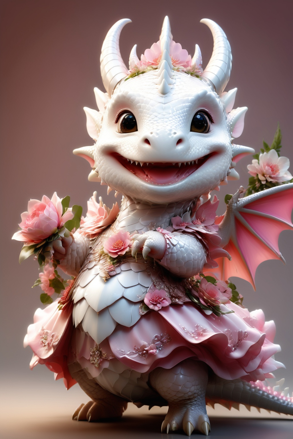 photorealistic portrait of Dressed animals - a fat baby white dragon maid,  (dancing pose),  high quality on Tensor.Art