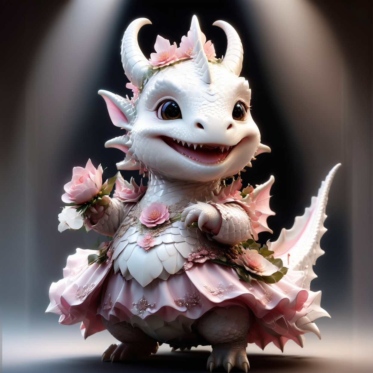 photorealistic portrait of Dressed animals - a fat baby white dragon maid,  (dancing pose),  high quality on Tensor.Art