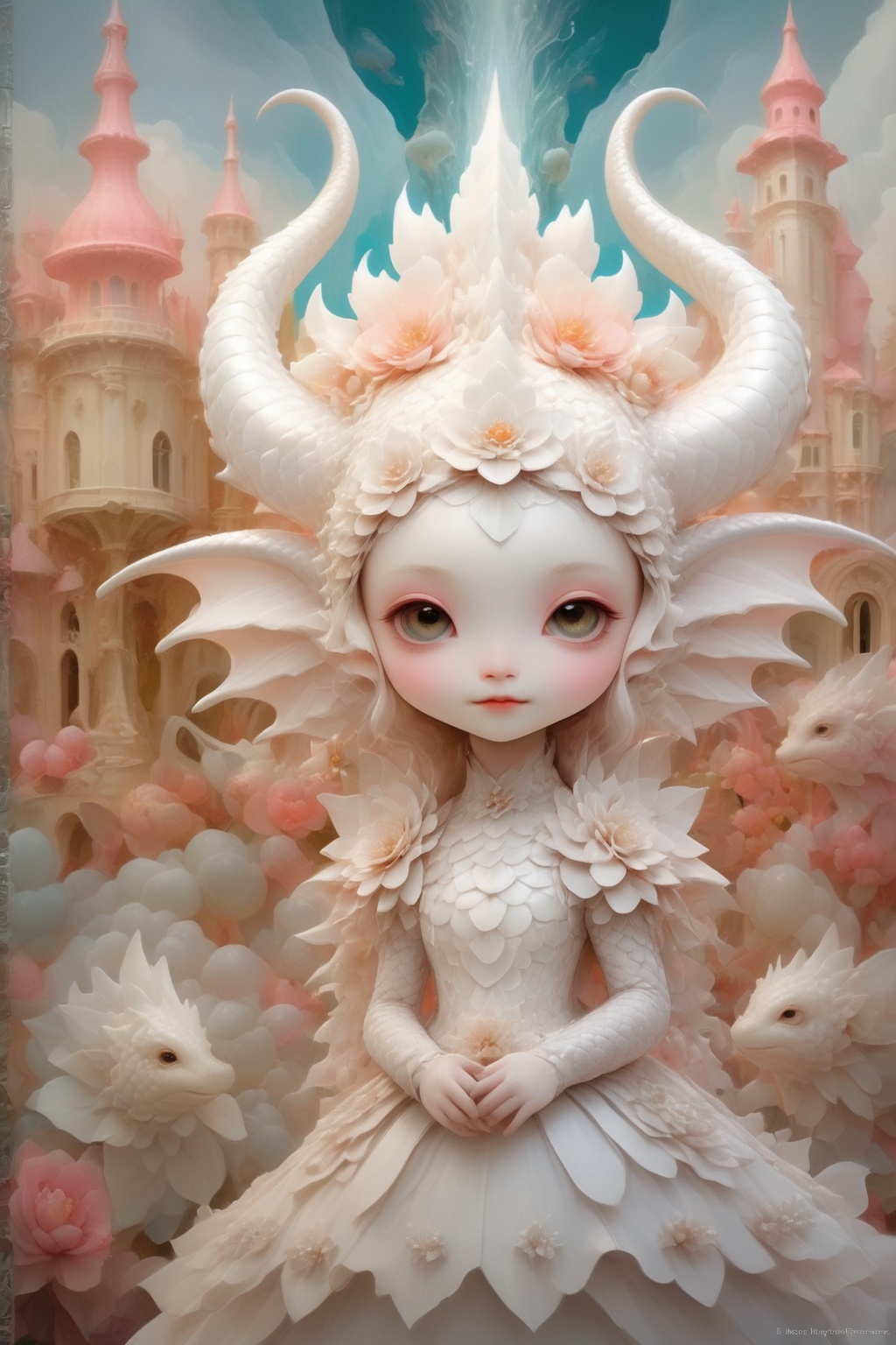 A beautiful and whimsical elusive pop noir surrealism,  art of cute dragon bride,  holding a bouquet on Tensor.Art