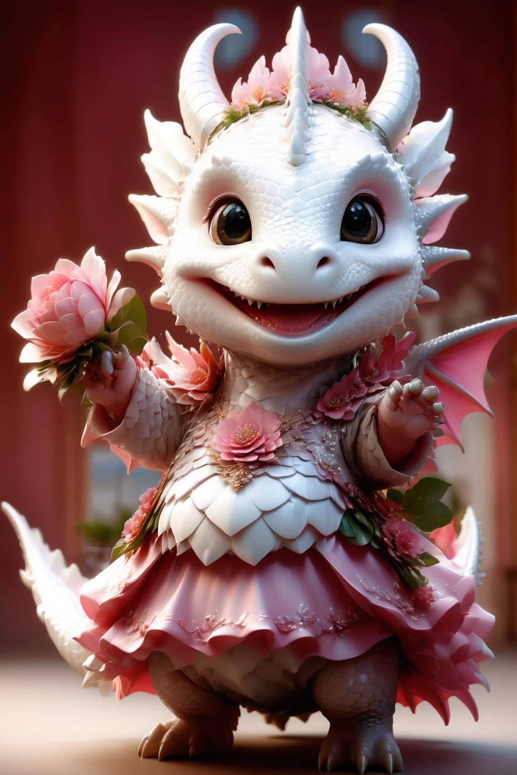 photorealistic portrait of Dressed animals - a fat baby white dragon maid,  (dancing pose),  high quality on Tensor.Art