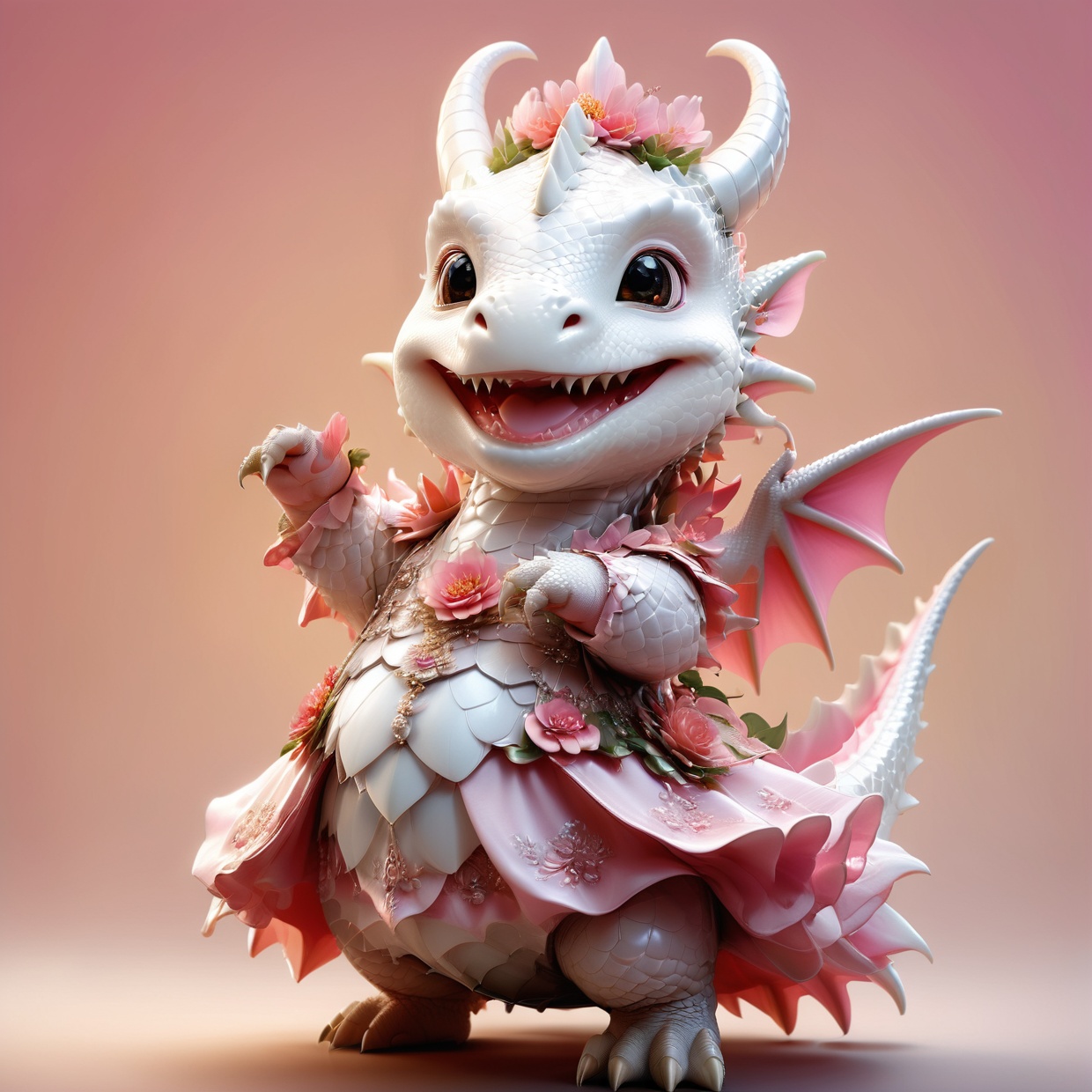 photorealistic portrait of Dressed animals - a fat baby white dragon maid,  (dancing pose),  high quality on Tensor.Art