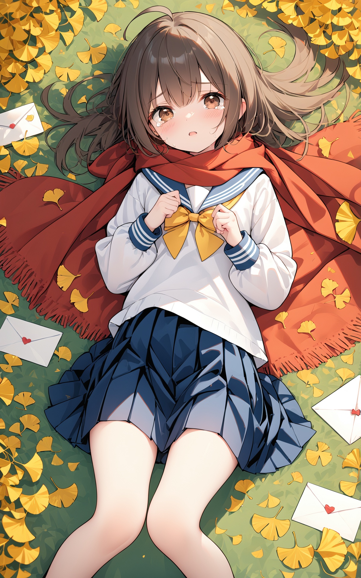 masterpiece,best quality,loli,1girl, solo, school uniform, skirt, scarf, lying, serafuku, on back, long sleeves, autumn, blue skirt, looking at viewer, sailor collar, bow, brown eyes, long hair, tears, autumn leaves, bangs, blue sailor collar, shirt, parted lips, pleated skirt, white shirt, envelope, ahoge, blurry, red scarf, black hair, crying, leaf, letter, crying with eyes open, yellow bow, outdoors, brown hair, bowtie, ginkgo leaf, from above, tearing up, blush
