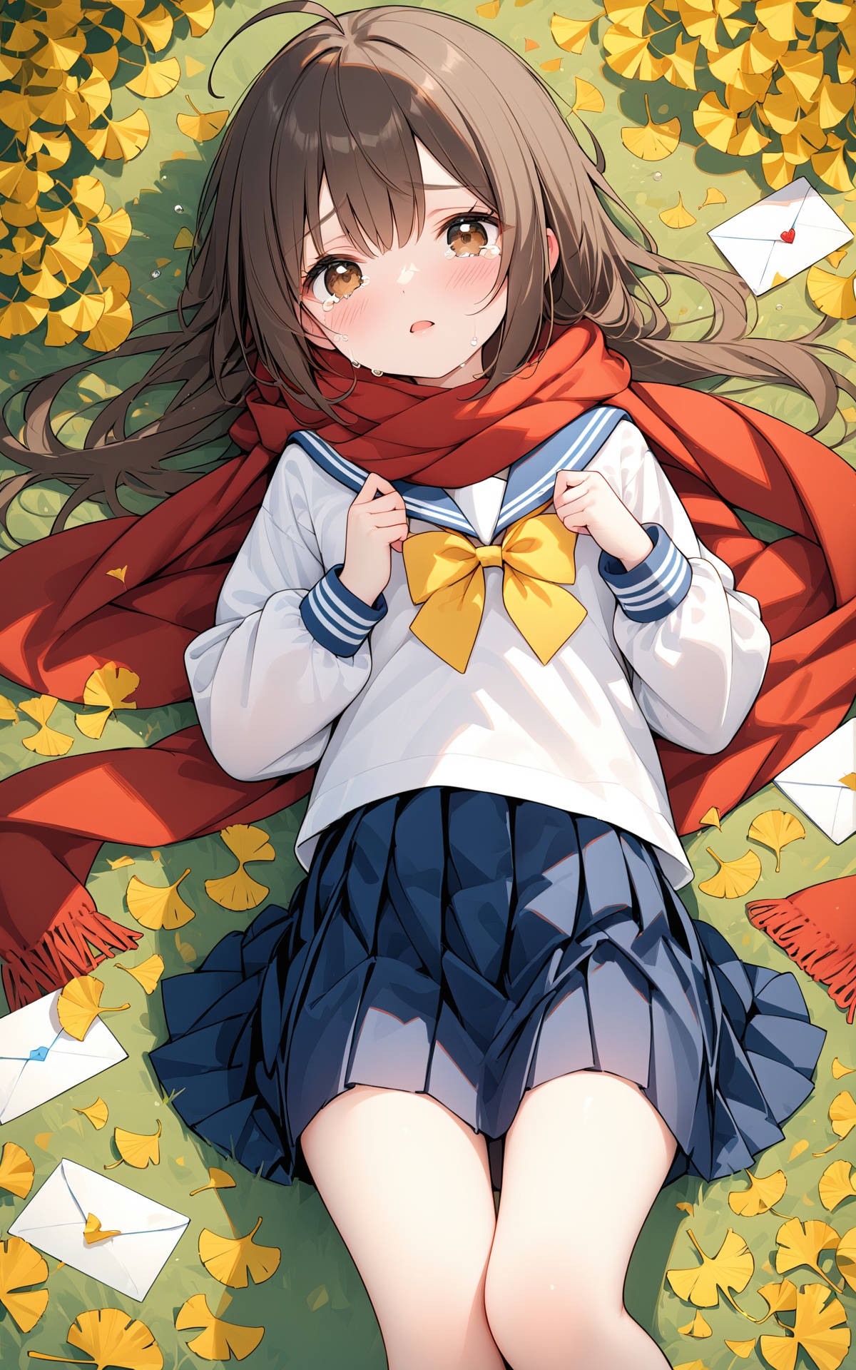 masterpiece,best quality,loli,1girl, solo, school uniform, skirt, scarf, lying, serafuku, on back, long sleeves, autumn, blue skirt, looking at viewer, sailor collar, bow, brown eyes, long hair, tears, autumn leaves, bangs, blue sailor collar, shirt, parted lips, pleated skirt, white shirt, envelope, ahoge, blurry, red scarf, black hair, crying, leaf, letter, crying with eyes open, yellow bow, outdoors, brown hair, bowtie, ginkgo leaf, from above, tearing up, blush