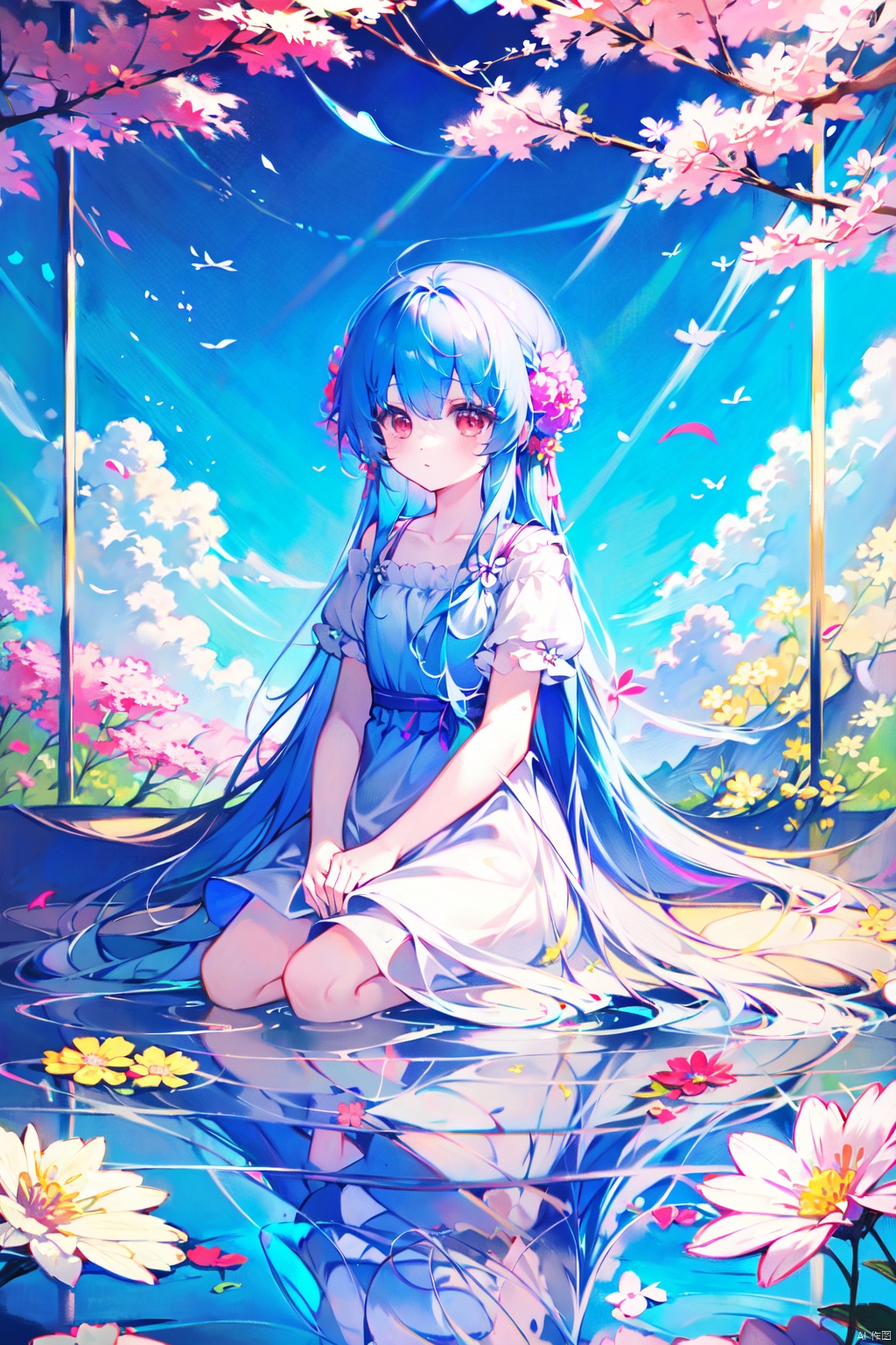  tongxin, best quality, masterpiece, illustration, (reflection light), incredibly absurdres, 1girl, girl middle of flower, pure skyblue hair, red eyes, clear sky, outside, collarbone, loli, sitting, absurdly long hair, clear boundaries of the cloth, white dress, fantastic scenery, ground of flowers, thousand of flowers, colorful flowers, flowers around her, various flowers,
