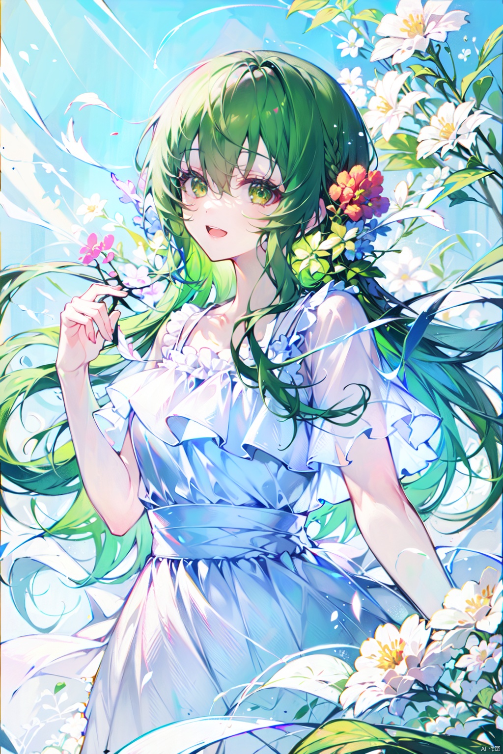  (best quality),(masterpiece),1girl, flower,white dress, solo, green hair, long hair, smile, open mouth, looking at viewer, bangs, white flower, green eyes,
