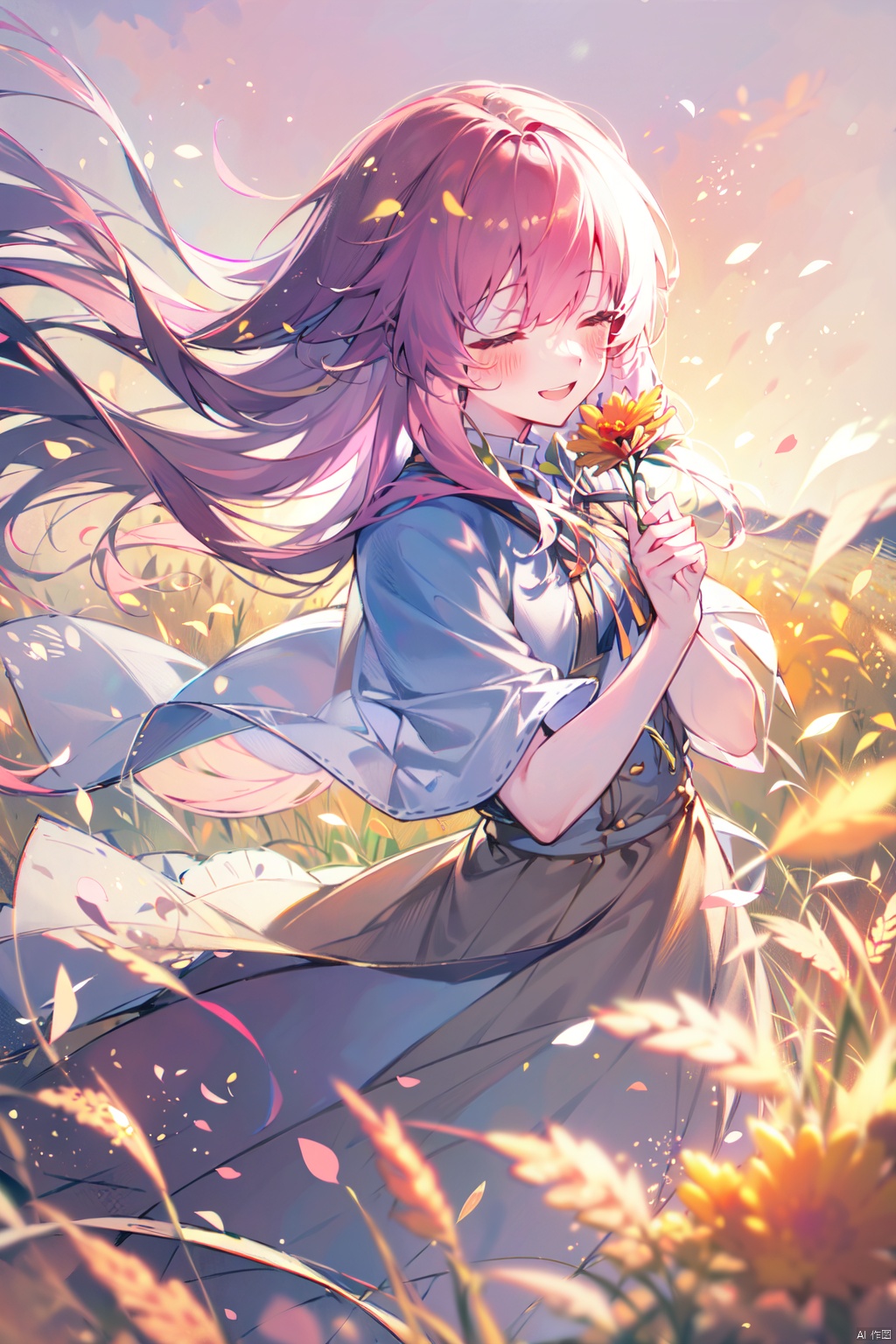(drawn by Lynn Okamoto),center frame, sharp focus, (panorama, wide shot), best quality, masterpiece, extremely detailed, detailed background, (from above:1.2), 1girl, solo, pink hair, closed eyes, smile, open mouth, skirt, long hair, wavy hair, on side, fluffy hair, , french , blush, smile, capelet, lace trim, bodice, sunset, long dress, dusk, scenery, gold sky, high place, horizon, wheat field, wheat ears, wind, wind blow, looking at viewer, (depth of field), bokeh, (holding a flower:1.3), (holding:1.2),(medium):0.5,
