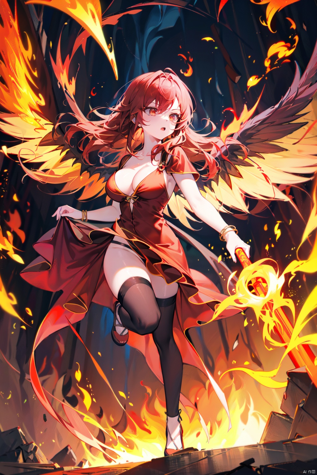 (best quality), (masterpiece), 1girl, bracelet, breasts, breathing_fire, burning, cleavage, dress, explosion, fiery_hair, fiery_wings, fire, flame, flaming_sword, flaming_weapon, full_body, jewelry, long_hair, magic, molten_rock, open_mouth, orange_eyes, phoenix, pyrokinesis, red_dress, red_eyes, red_hair, tail-tip_fire, thighhighs, torch, white_legwear
