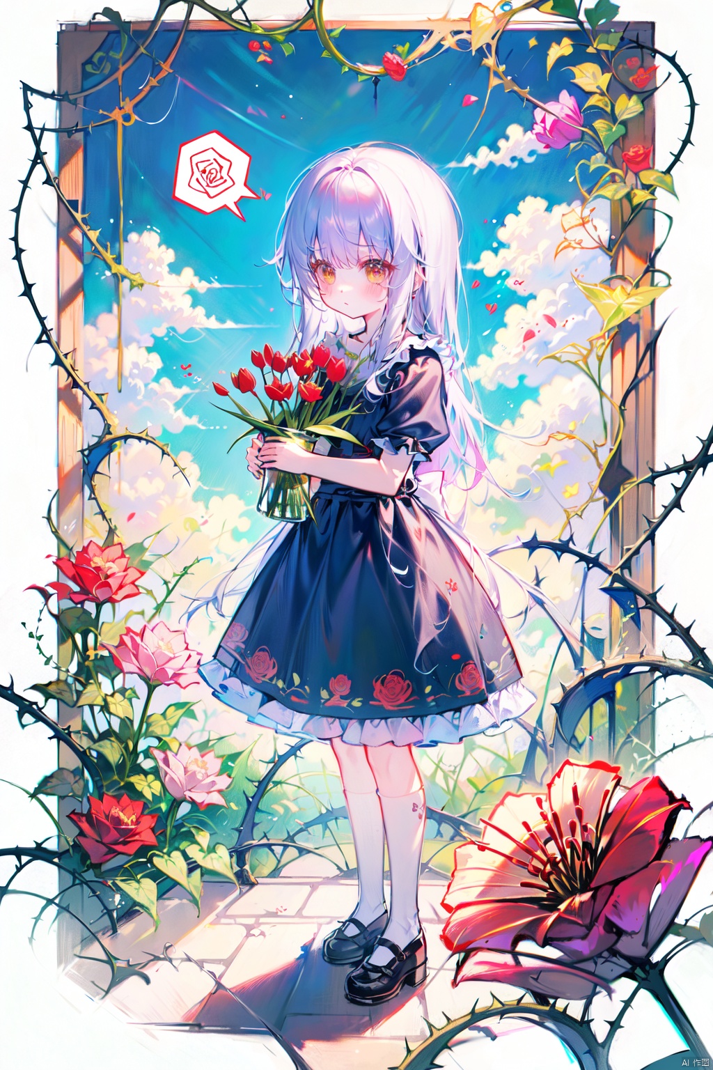 (best quality), (masterpiece),rose_print, spider_lily, spoken_squiggle, squiggle, standing, strawberry, tattoo, thorns, tulip, vase, vines, watering_can, white_rose, yellow_rose,loli,petite
