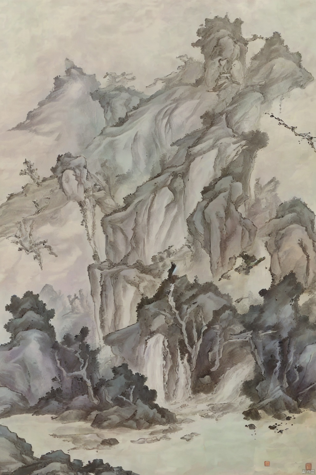  Traditional Chinese landscape painting, Chinese freehand brushwork, Qing Dynasty landscape painter GongXianstyle,mountains,trees,waterfalls,waterflow,inkaccumulationmethod,heavy,vast国画,chinesepaiting,Chinesepaiting,国风, chinese paiting