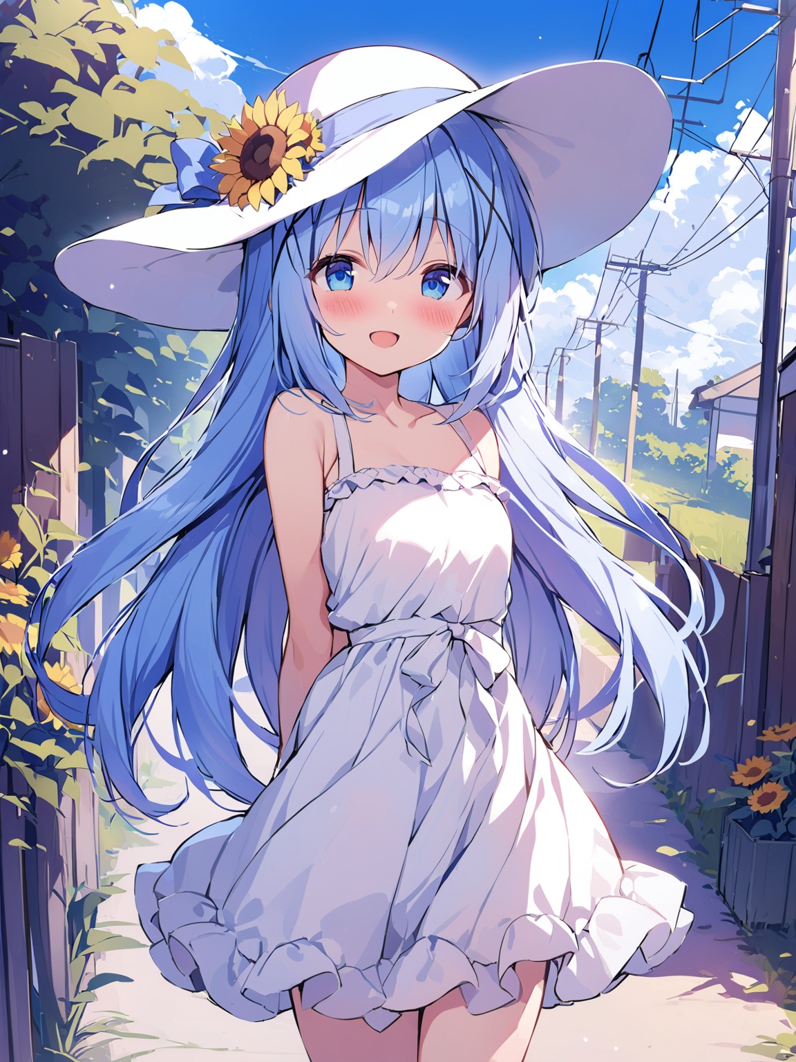 kafuu chino,1girl,solo,long hair,looking at viewer,blush,smile,open mouth,bangs,blue eyes,hair ornament,hat,dress,holding,hair between eyes,bare shoulders,very long hair,blue hair,standing,flower,:d,frills,outdoors,sky,day,sleeveless,cloud,bag,white dress,blue sky,bare arms,sleeveless dress,white headwear,arms behind back,frilled dress,x hair ornament,sun hat,sunflower,power lines,utility pole,sunflower,power lines,utility pole,<lora:香风智乃80_8:1>,, masterpiece, best quality