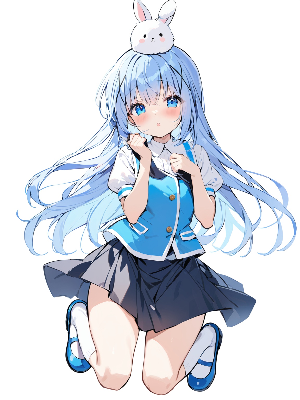 kafuu chino,1girl,long hair,looking at viewer,blue eyes,skirt,simple background,shirt,hair ornament,white background,holding,blue hair,full body,white shirt,shoes,socks,black skirt,vest,kneehighs,animal,x hair ornament,mary janes,blue footwear,rabbit,on head,animal on head,blue vest,rabbit house uniform,angora rabbitouse uniform, angora rabbit,<lora:香风智乃80_8:1>,, masterpiece, best quality