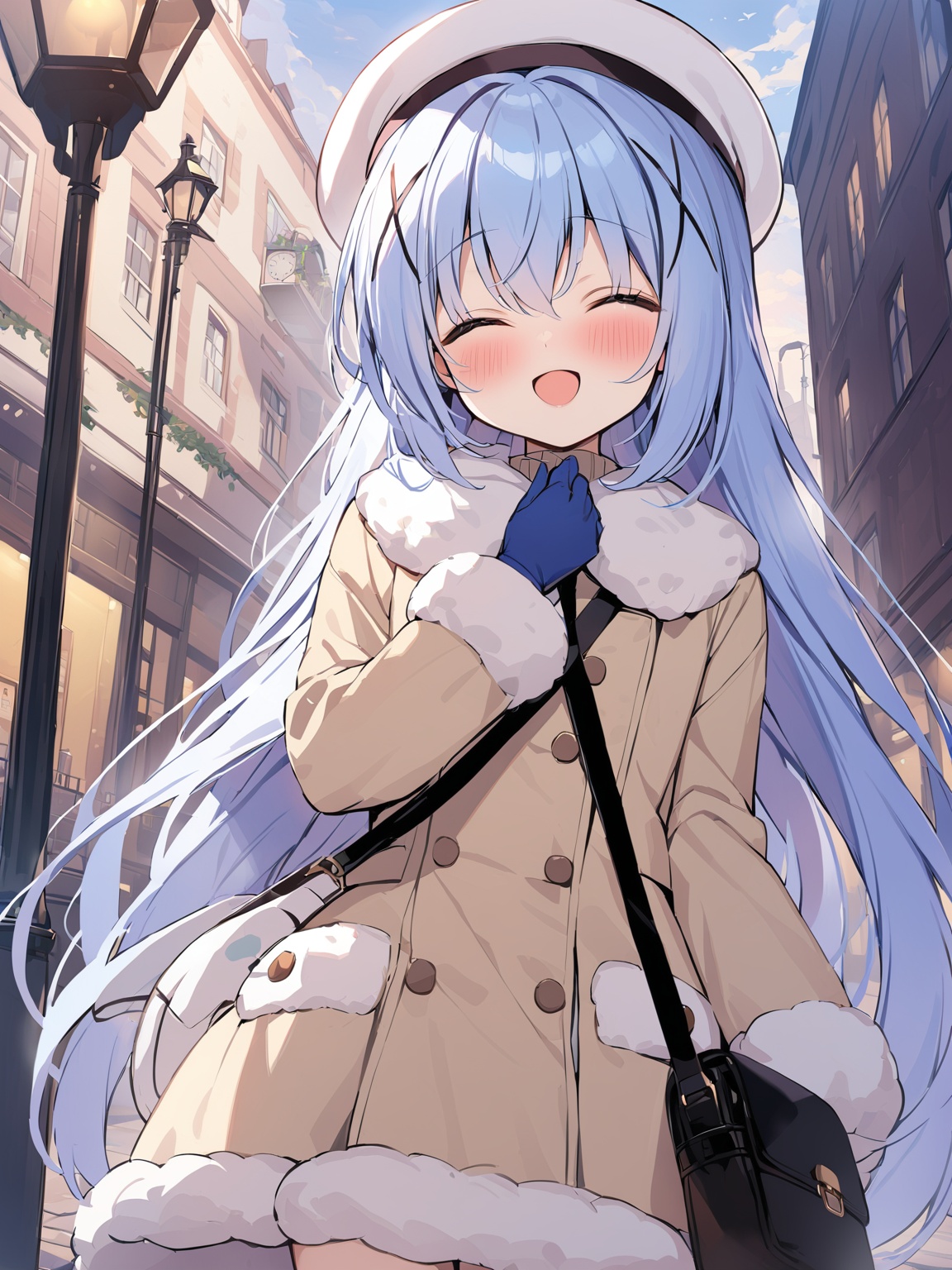 kafuu chino,1girl,solo,long hair,blush,smile,open mouth,bangs,skirt,hair ornament,hat,gloves,long sleeves,bow,hair between eyes,very long hair,blue hair,closed eyes,:d,outdoors,hand up,bag,coat,plaid,fur trim,^ ^,beret,white headwear,x hair ornament,facing viewer,shoulder bag,clock,blue gloves,fur-trimmed sleeves,lamppost,clock towermed sleeves,lamppost,clock tower,<lora:香风智乃80_8:1>,, masterpiece, best quality