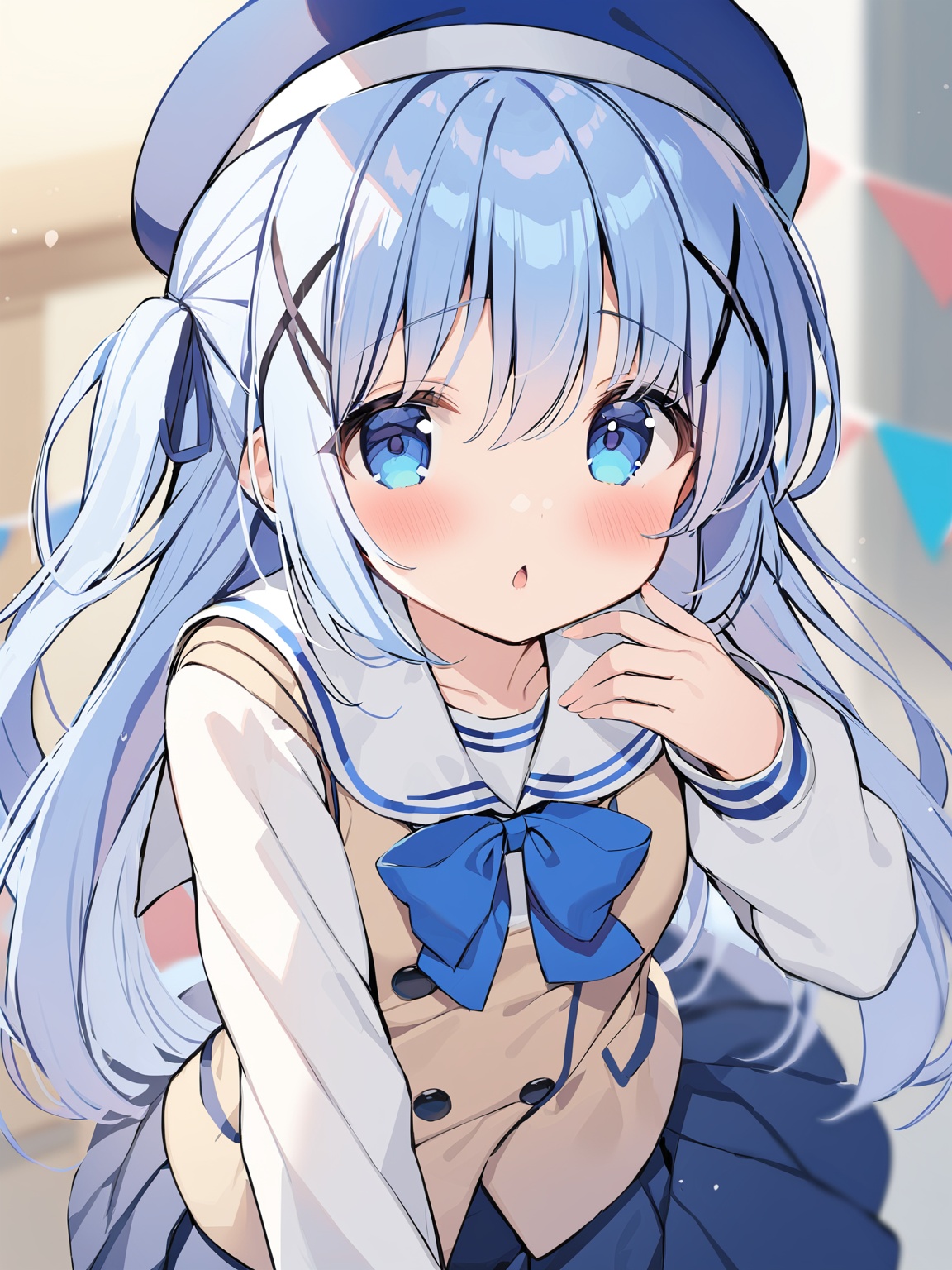 kafuu chino,1girl,solo,long hair,looking at viewer,blush,bangs,blue eyes,skirt,shirt,hair ornament,hat,long sleeves,hair between eyes,very long hair,school uniform,blue hair,white shirt,pleated skirt,small breasts,parted lips,hand up,sailor collar,:o,character name,blurry,vest,blue skirt,depth of field,blurry background,beret,x hair ornament,blue headwear,white sailor collar,chestnut mouth,blue vest,string of flagst mouth, blue vest, string of flags,<lora:香风智乃80_8:1>,, masterpiece, best quality