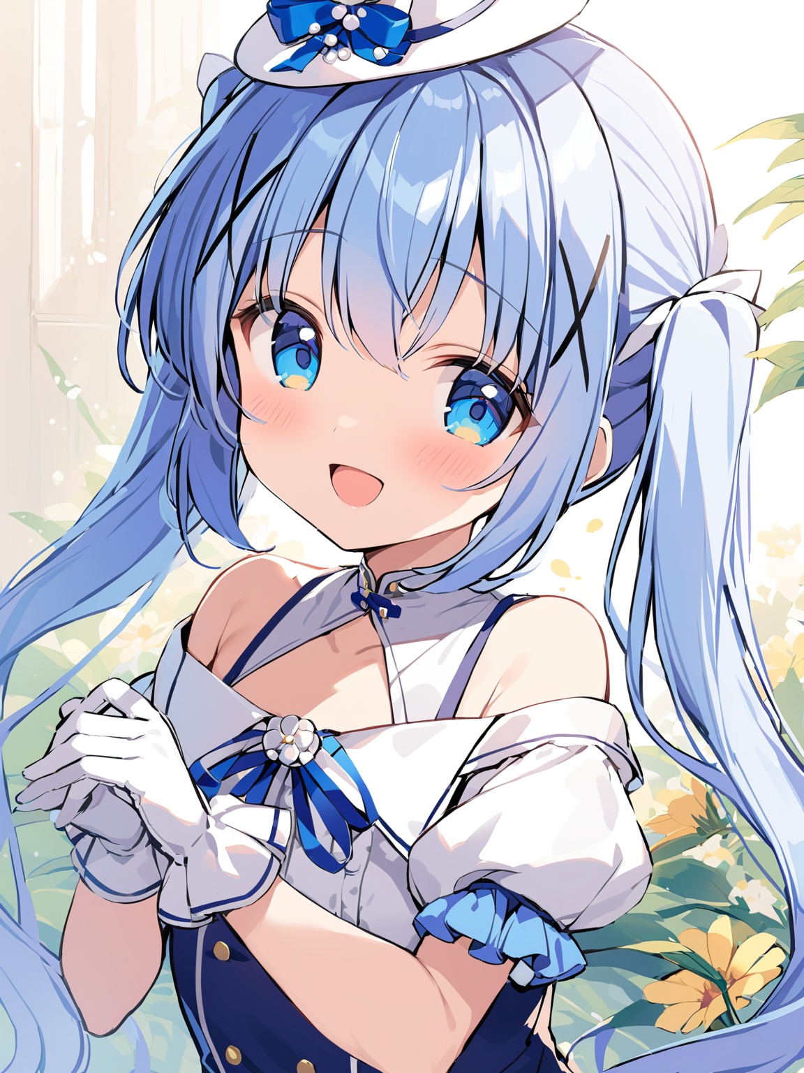 kafuu chino,1girl,solo,long hair,looking at viewer,blush,smile,open mouth,bangs,blue eyes,hair ornament,hat,gloves,hair between eyes,bare shoulders,twintails,blue hair,upper body,flower,:d,short sleeves,puffy sleeves,white gloves,puffy short sleeves,white headwear,x hair ornament,happy birthday,mini hat,cropped torso,tilted headwearopped torso, tilted headwear,<lora:香风智乃80_8:1>,, masterpiece, best quality