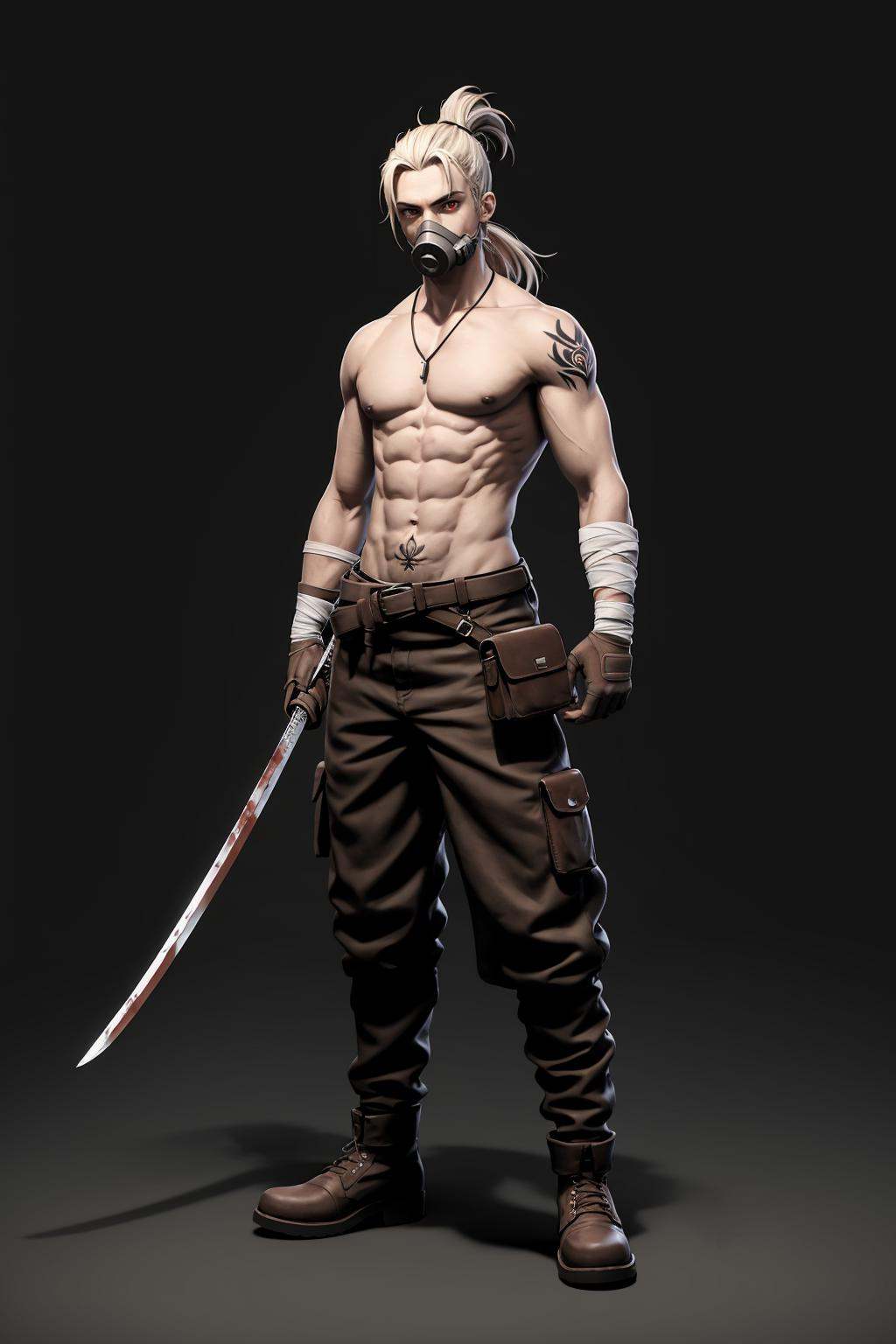 monochrome, HEZI, White film, Character modeling, 1boy, solo, mask, male focus, topless male, weapon, pouch, belt, navel, gloves, sword, blood, abs, bandages, standing, jewelry, gas mask, white hair, belt pouch, boots, bag, pants, tattoo, full body, bandaged arm, earrings, muscular, red eyes, weapon on back, backpack, single hair bun, sheath, single glove, shoes, ponytail, black background, pectorals, simple background, necklace, brown gloves, black footwear, blonde hair, arm tattoo, katana, looking at viewer, grey hair, hair bun, brown belt, sheathed, scabbard, stomach, stitches, single mechanical arm, brown footwear, blood on weapon, knife, dark