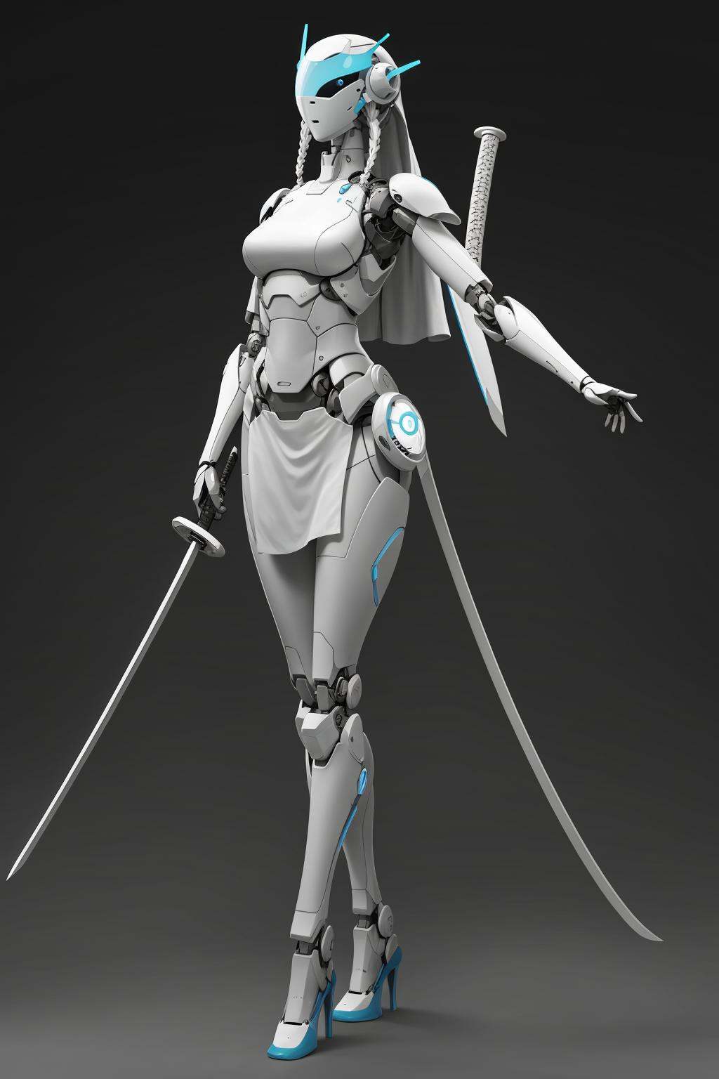 monochrome, HEZI, White film, Character modeling, 1girl, weapon, solo, holding weapon, sword, holding sword, holding, high heels, robot joints, joints, breasts, standing, full body, robot, medium breasts, black background, see-through, armor, helmet, braid, science fiction, mecha musume, android, simple background, humanoid robot, katana, belt, floral print, gradient, very long hair, dress, colored skin, pelvic curtain, long hair, arms at sides, dual wielding, gradient background, mask, white skin, detached sleeves, cyborg, grey background, shadow, capelet, mecha, unsheathed, twin braids