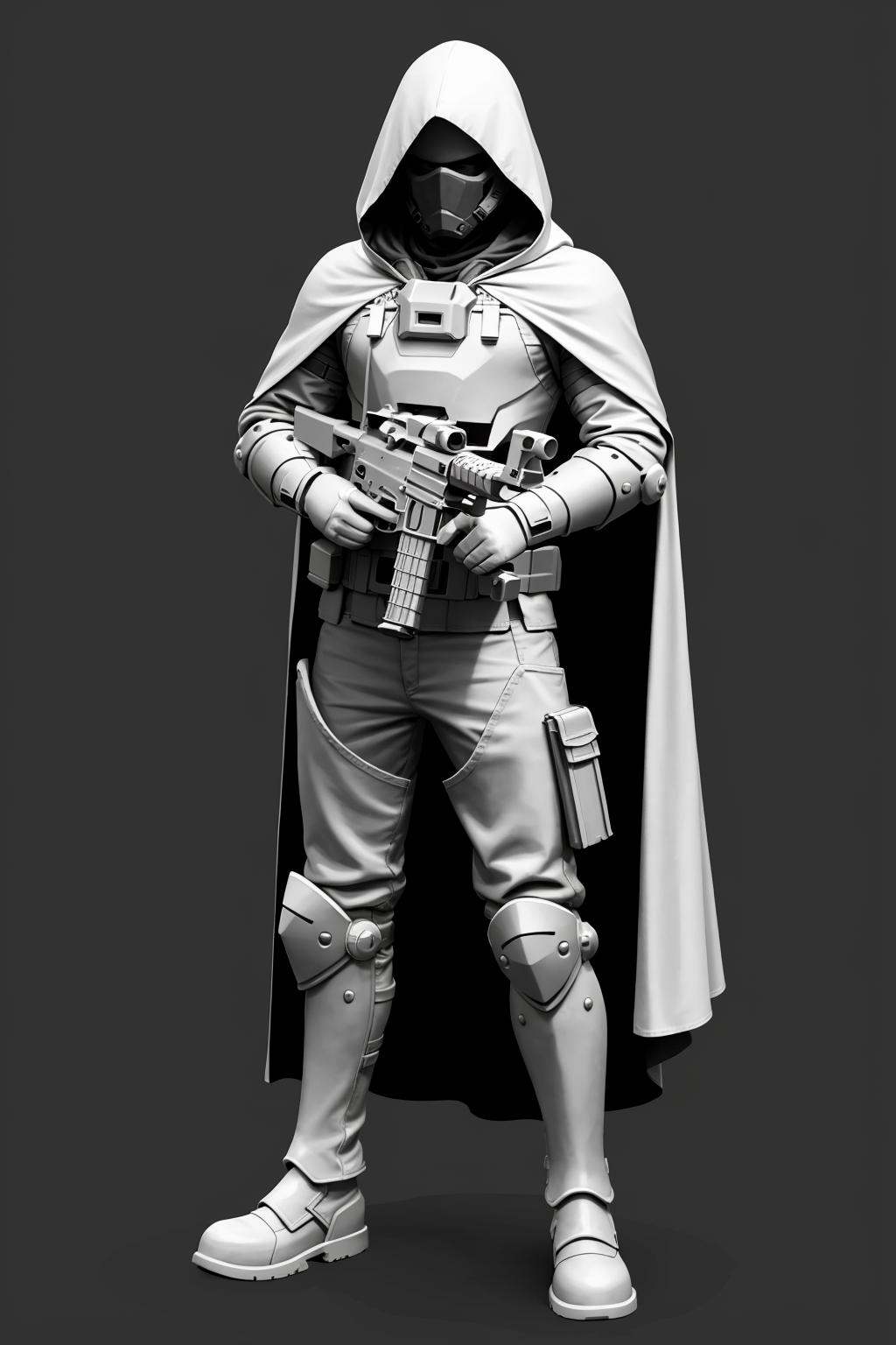 monochrome, HEZI, White film, Character modeling, weapon, gun, solo, rifle, holding, scope, holding weapon, hood, cloak, holding gun, armor, greyscale, boots, assault rifle, science fiction, cape, standing, 1boy, gloves, male focus, mask, grey background, sniper rifle, hood up, bullpup, full body, simple background, no humans, facing viewer, trigger discipline, 1other, power armor, helmet, black background, armored boots, hooded cloak, fewer digits, pouch, knee pads, spot color, gauntlets