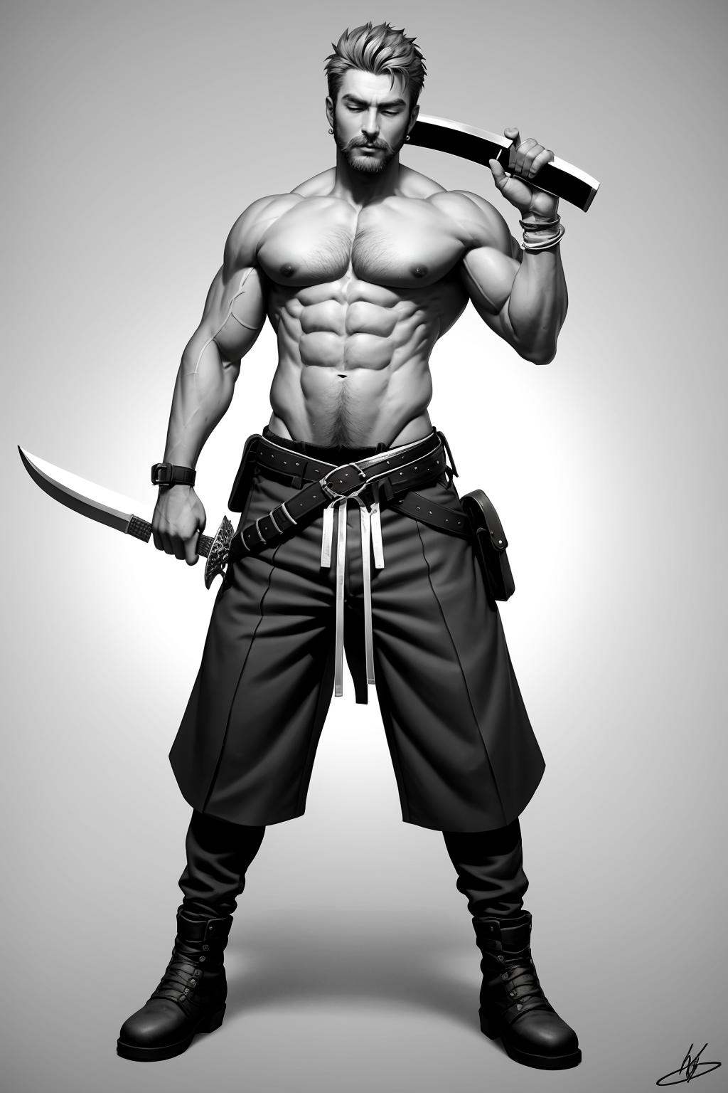 monochrome, HEZI, White film, Character modeling, 1boy, solo, weapon, male focus, greyscale, holding, holding weapon, sword, muscular, topless male, over shoulder, facial hair, holding sword, dual wielding, abs, weapon over shoulder, grey background, muscular male, belt, pouch, standing, boots, pectorals, full body, pants, gradient, gradient background, jewelry, earrings, simple background, baggy pants, knife, beard, dagger, artist name, bracelet, blade, mustache, signature, navel, long hair, looking at viewer, hands up, closed eyes, nipples, fingerless gloves, closed mouth, medium hair, belt pouch, holding dagger, shoes, large pectorals, bara, teeth, gloves, holding knife, short hair