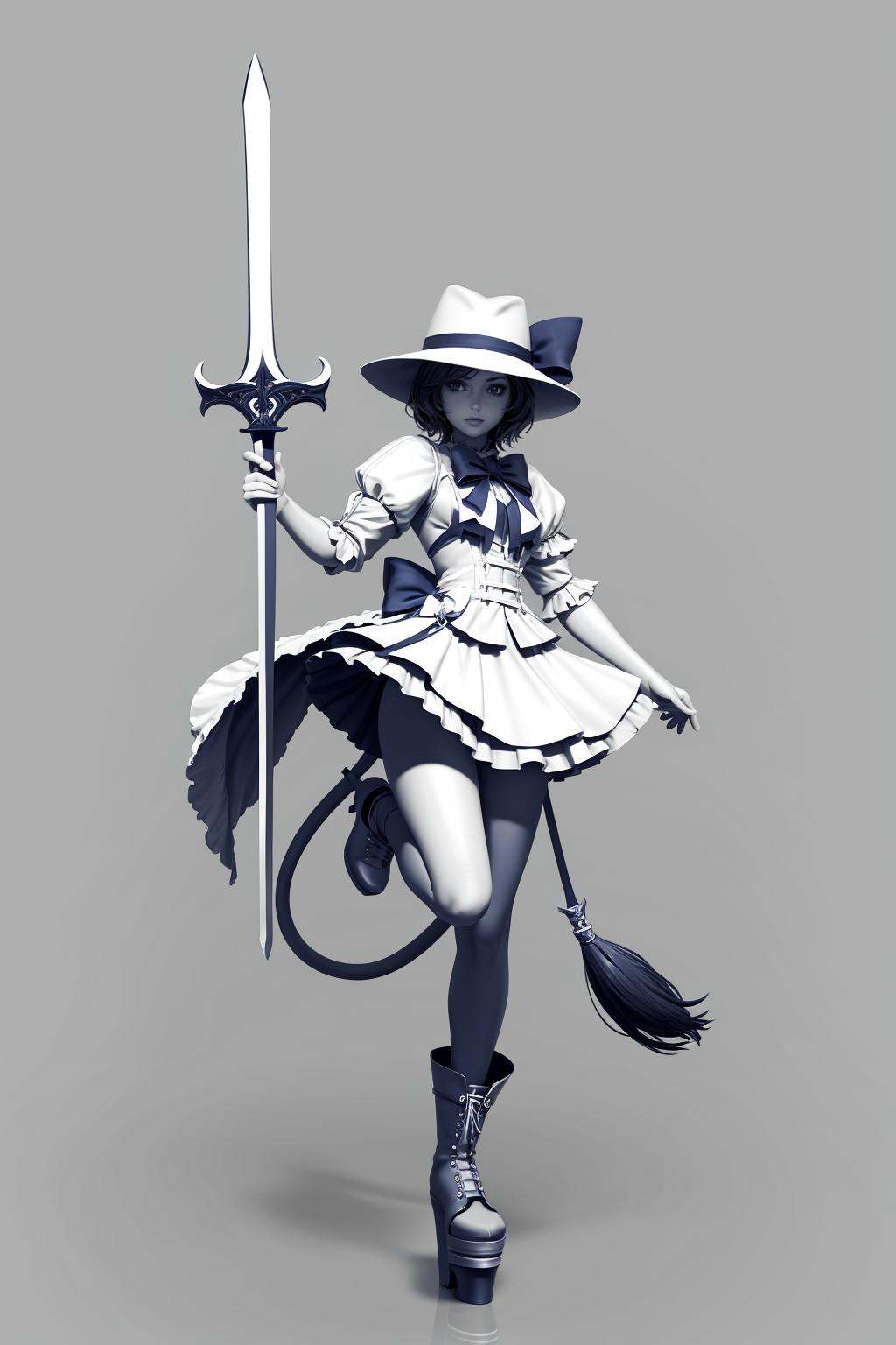 monochrome, HEZI, White film, Character modeling, solo, frills, gradient, 1girl, standing, no humans, gradient background, weapon, simple background, 1boy, sword, standing on one leg, dress, white background, armor, greyscale, male focus, full body, grey background, boots, high heels, hat, glowing, short hair, frilled dress, ribbon, reflection, blue theme, skirt, huge weapon, platform footwear, looking at viewer, tail, leg up, jewelry, bow