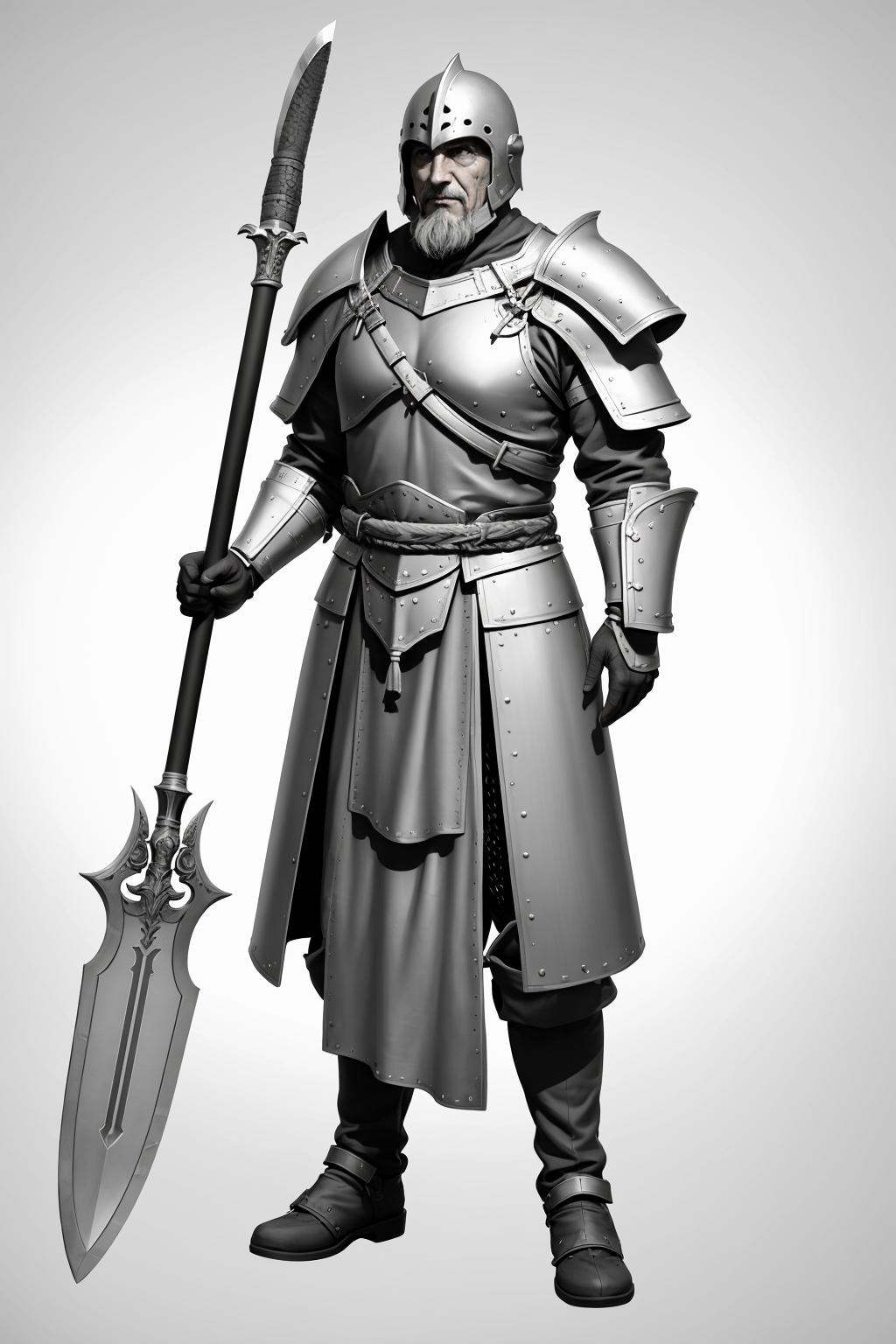 monochrome, HEZI, White film, Character modeling, weapon, holding weapon, solo, 1boy, armor, holding, male focus, polearm, full body, holding polearm, standing, beard, boots, facial hair, shoulder armor, helmet, grey background, spear, gradient, pauldrons, gloves, chainmail, gradient background, wide sleeves, robe, simple background, brown footwear, full armor, gauntlets, closed mouth, long sleeves, old man, breastplate, pelvic curtain, knife, halberd, faulds, old, sword, greaves, armored boots, dual wielding, grey hair, holding sword, fantasy, facing viewer, sheath