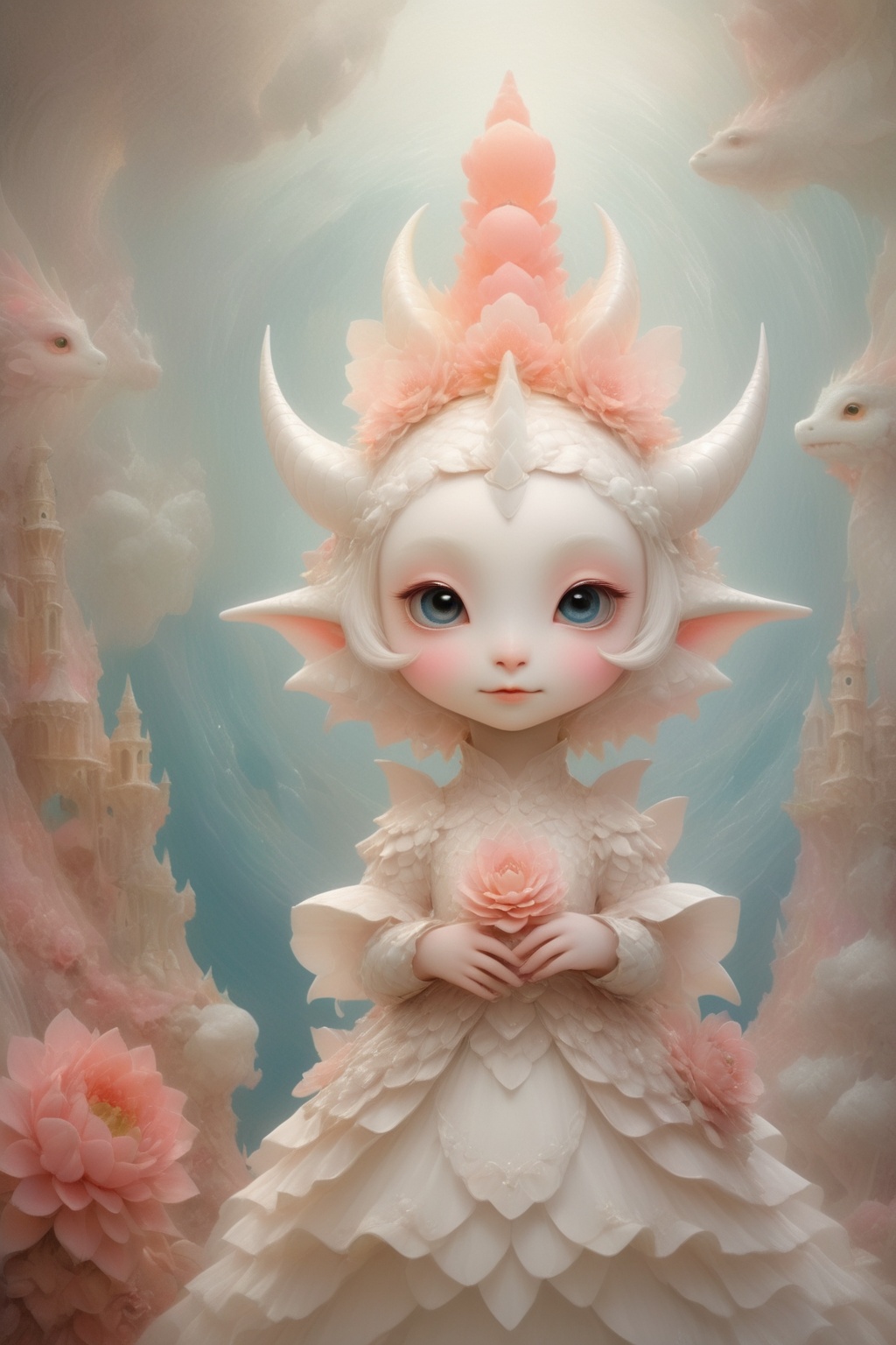 A beautiful and whimsical elusive pop noir surrealism,  art of cute dragon bride,  holding a bouquet on Tensor.Art