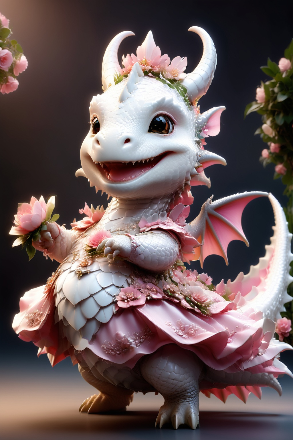 photorealistic portrait of Dressed animals - a fat baby white dragon maid,  (dancing pose),  high quality on Tensor.Art