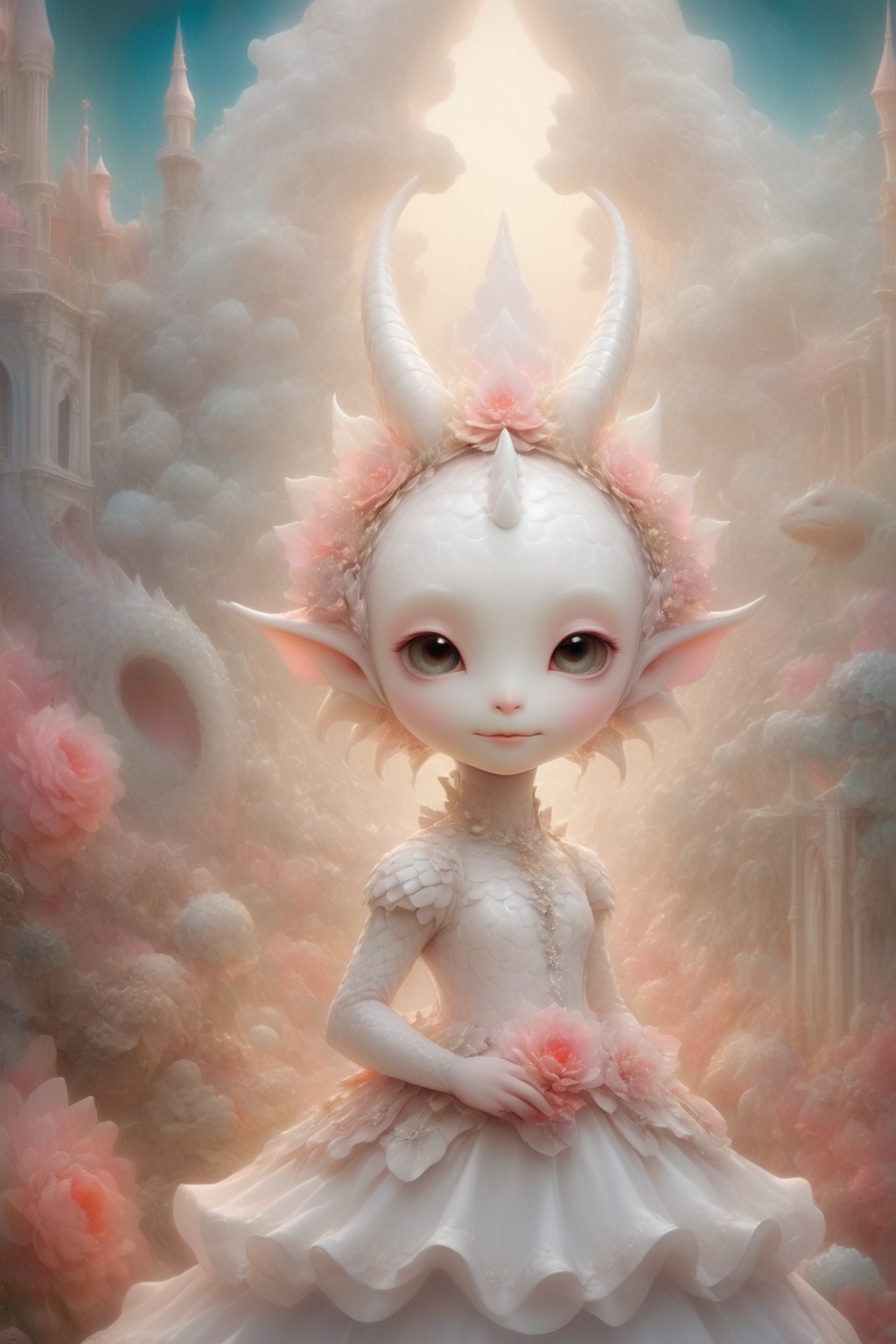 A beautiful and whimsical elusive pop noir surrealism,  art of cute dragon bride,  holding a bouquet on Tensor.Art