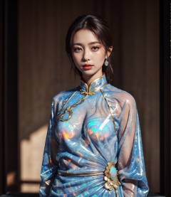 best quality,masterpiece,realistic,1girl,cowboy shot,upper body,liquid,shiny,transparent,ral-opal,(colorful:1.3),abstract,chinese clothes,<lora:琉璃碎12.0:0.8>,dress,clothes made of opal,